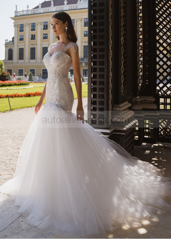 Heavily Beaded Ivory Tulle Corset Back Wedding Dress